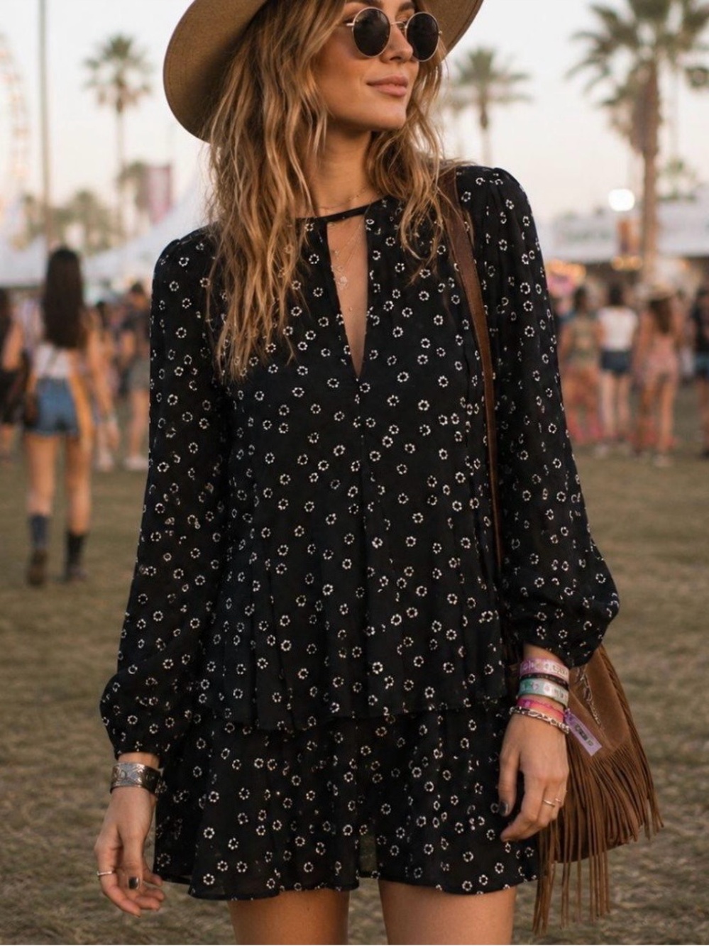 Free People  Floral Long-Sleeve Tiered Mini Dress Size XS